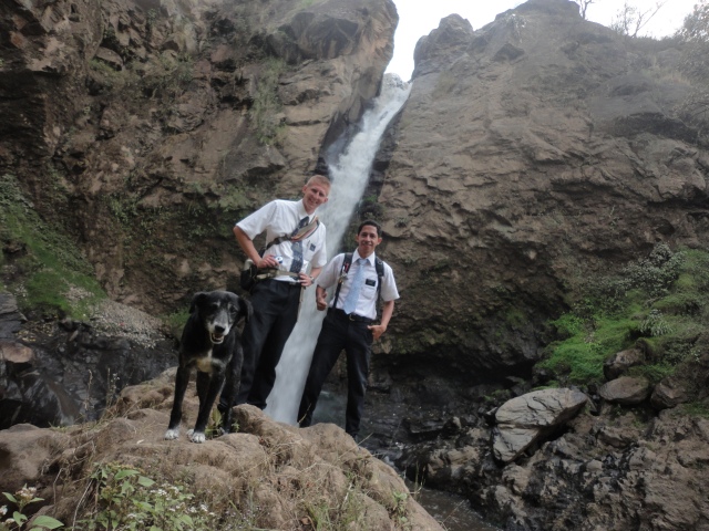 I went on Divisions to a place called Pancà, where the largest waterfall is in Momos and I took pics there with Elder Hurtado from Peru, and Jackson, the dog that followed us along the whole way, and protected us from the other meaner dogs.