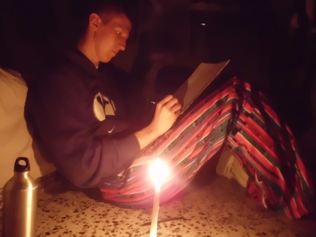 We are in Xela writing this week because Momos has no power! That is why we are writing so early. So we are recharging phones and showering and buying food here today in Xela. here is a pic of me writing you gys a letter in candlelight! =) It should be there next week. It was fun! I felt like George Washington.